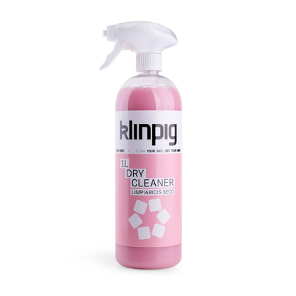 Limpiabicis seco Klinpig Dry Cleaner 1L en spray para limpieza de bicicletas sin agua, envase rosa y blanco