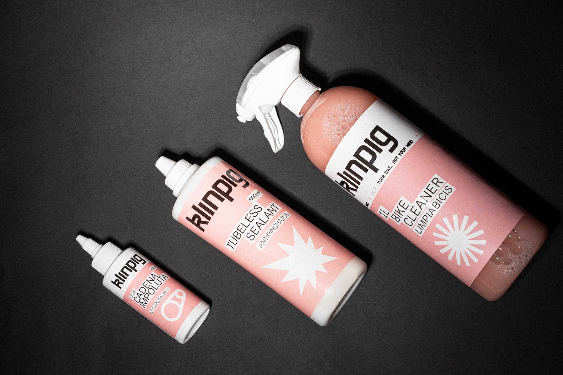 klinpig, k l i n p i g, cera para la cadena, chain, tubo, tubo grande mediano pequeño, sealant, antipinchazos, 500ml, 100ml, 1000ml 1L, bike cleaner, limpiabicis, spray rosa, pink