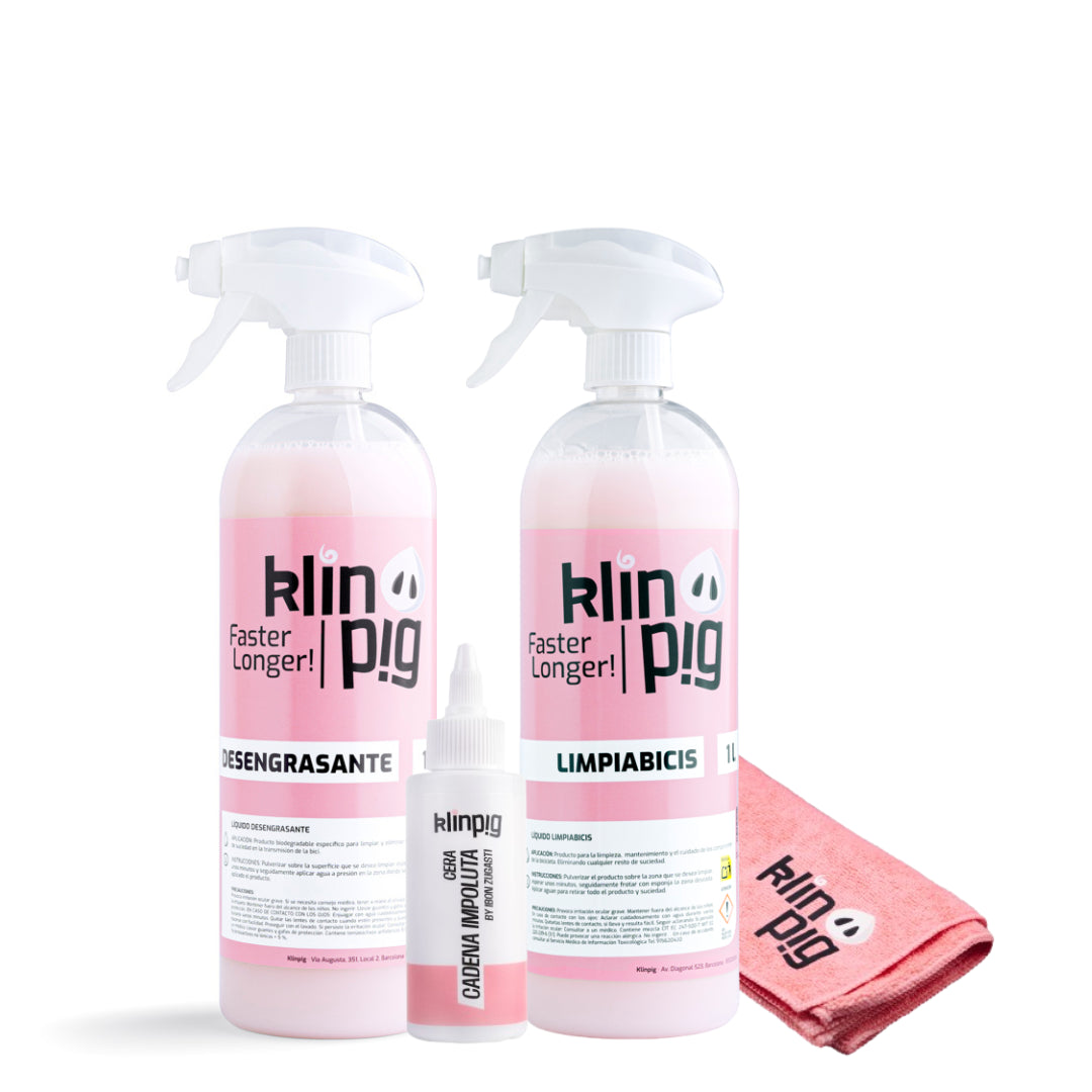 Envases productos Klinpig rosa, desengrasante, limpiabicis, lubricante y paño