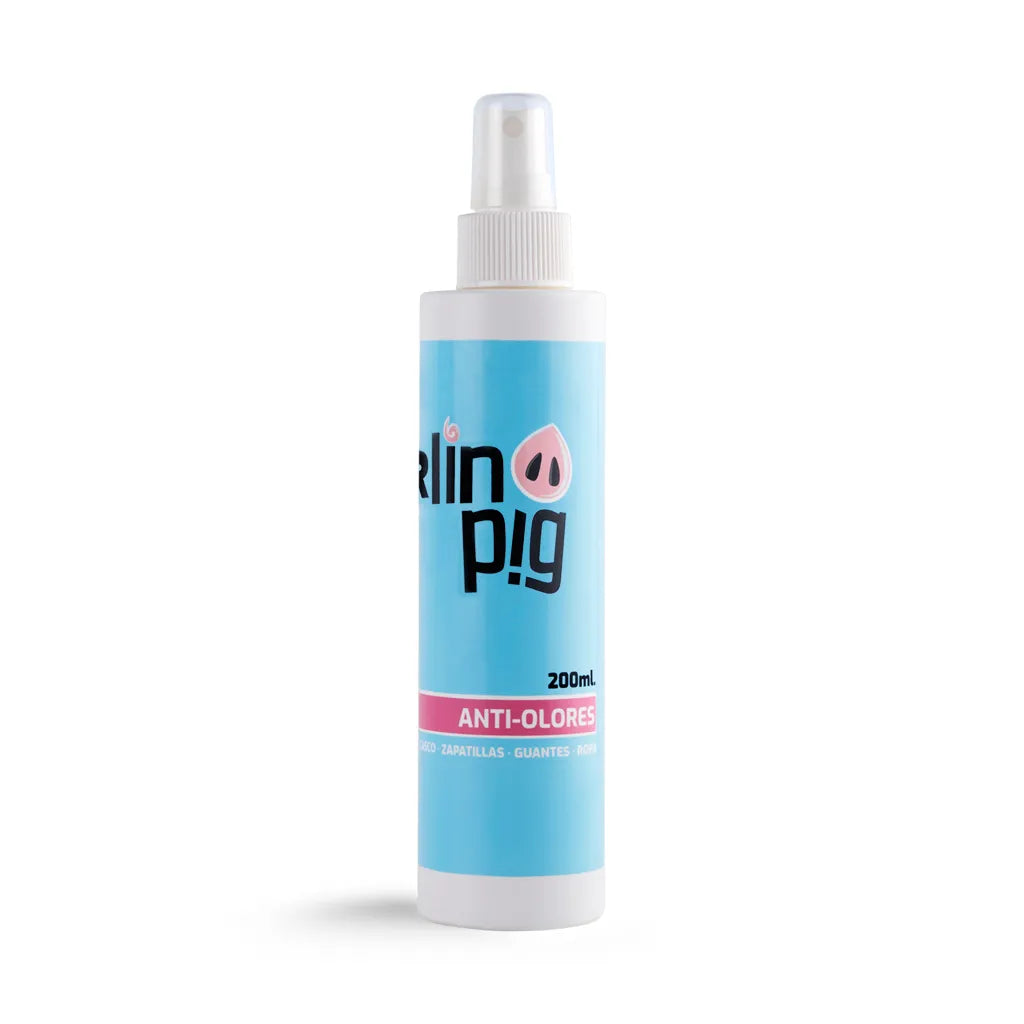 envase azul con dispensador spray anti olores klinpig