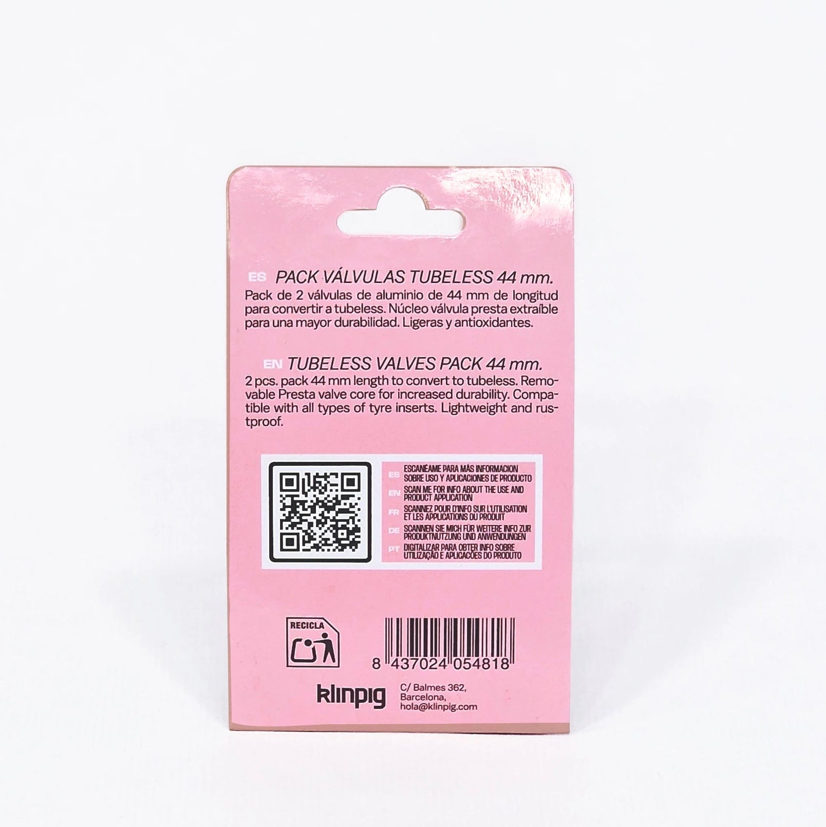 fondo blanco caja de carton rosa qr  logo k l i n p i g pack valvulas
